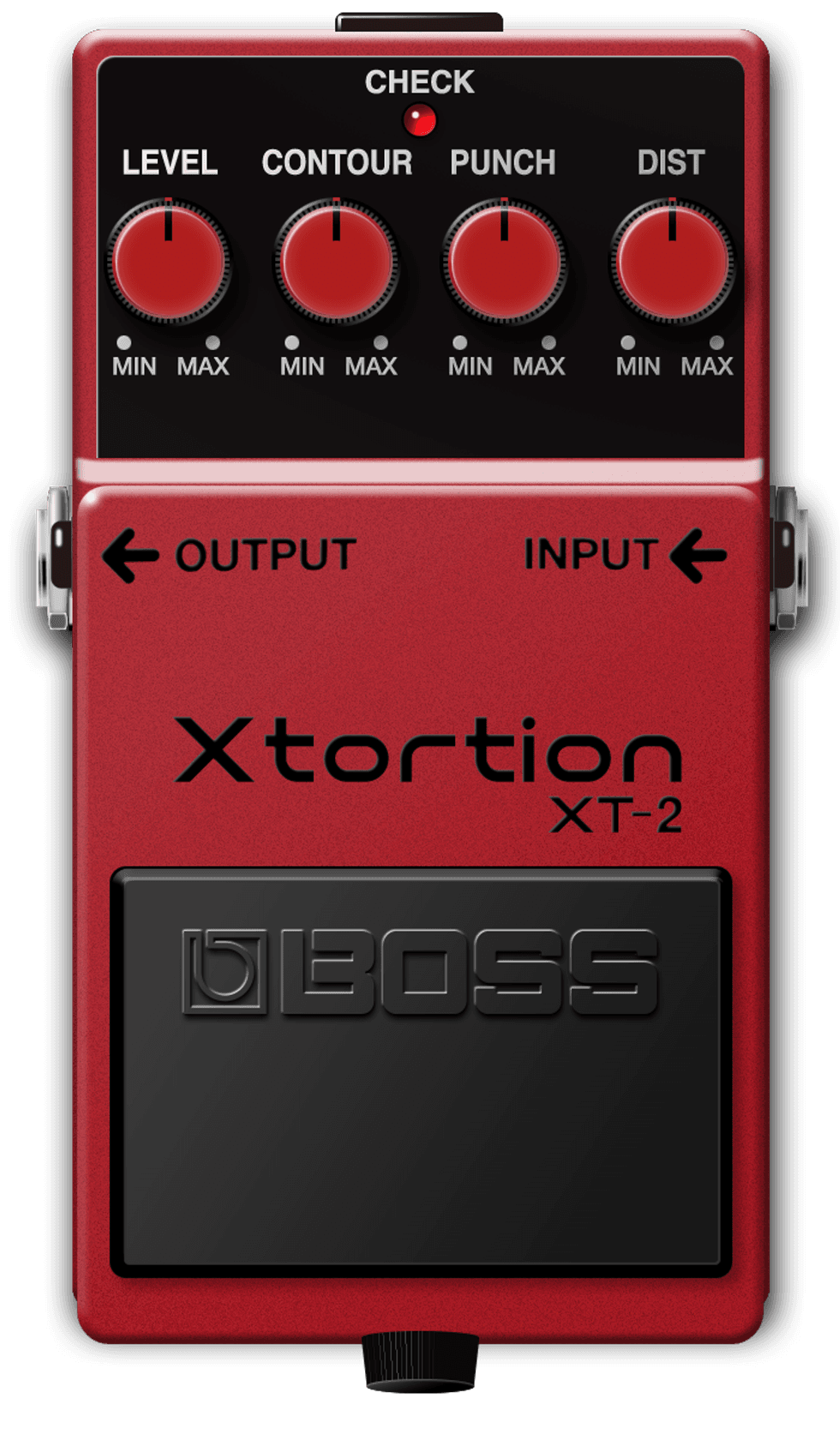 Red guitar effects pedal with knobs for level, contour, punch, and distortion settings.