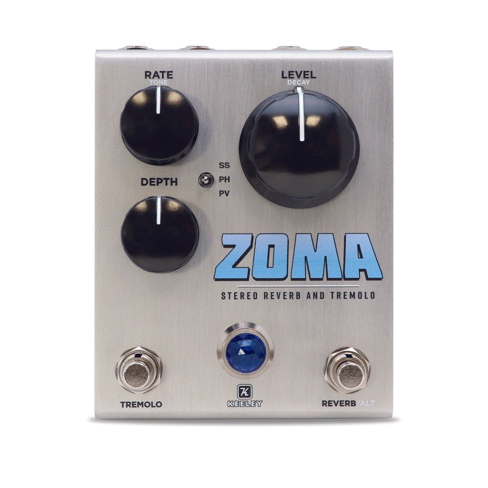 Silver guitar effects pedal with knobs for rate, depth, and level; labeled "ZOMA."