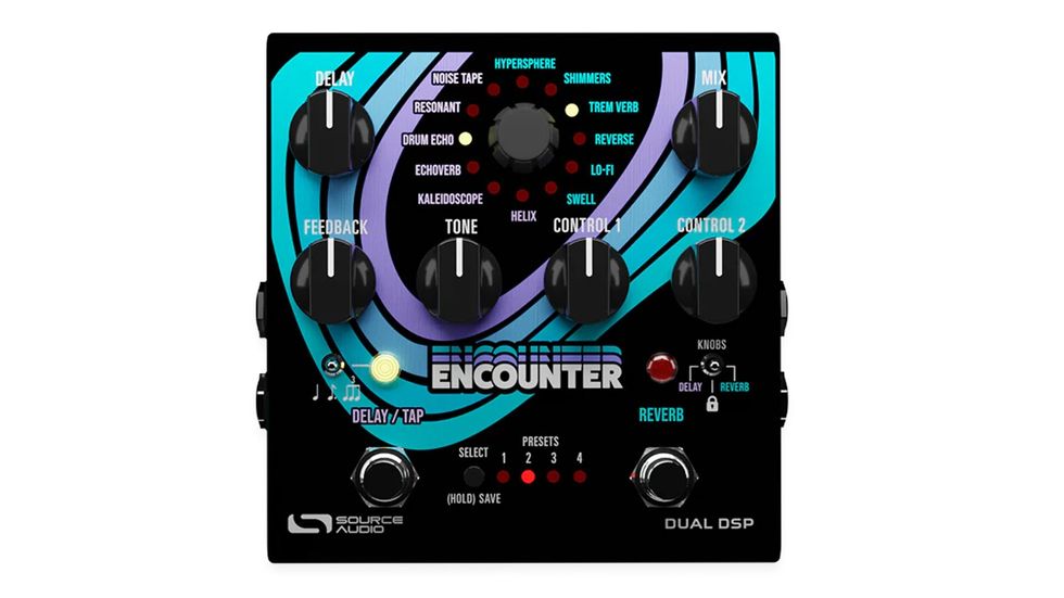Source Audio Encounter effects pedal with various dials and settings for delay and reverb.