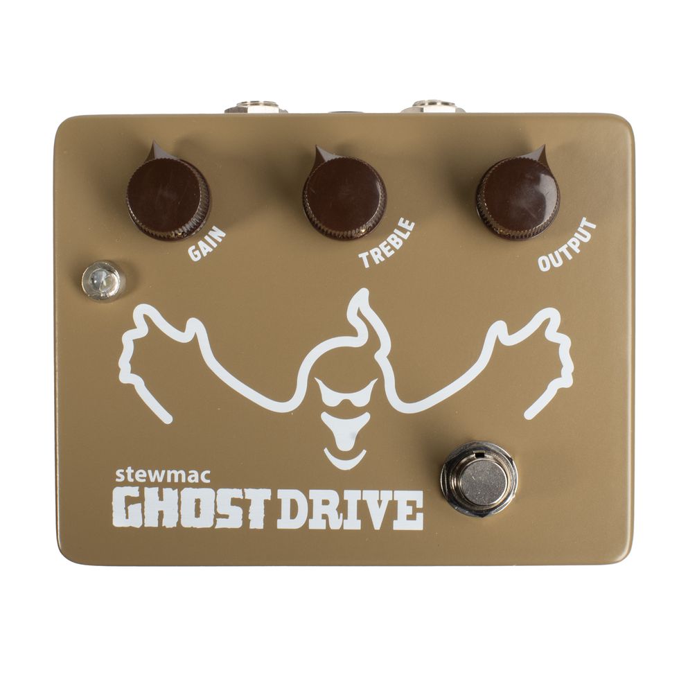 Stewmac Ghost Drive guitar pedal with knobs for gain, treble, and output.