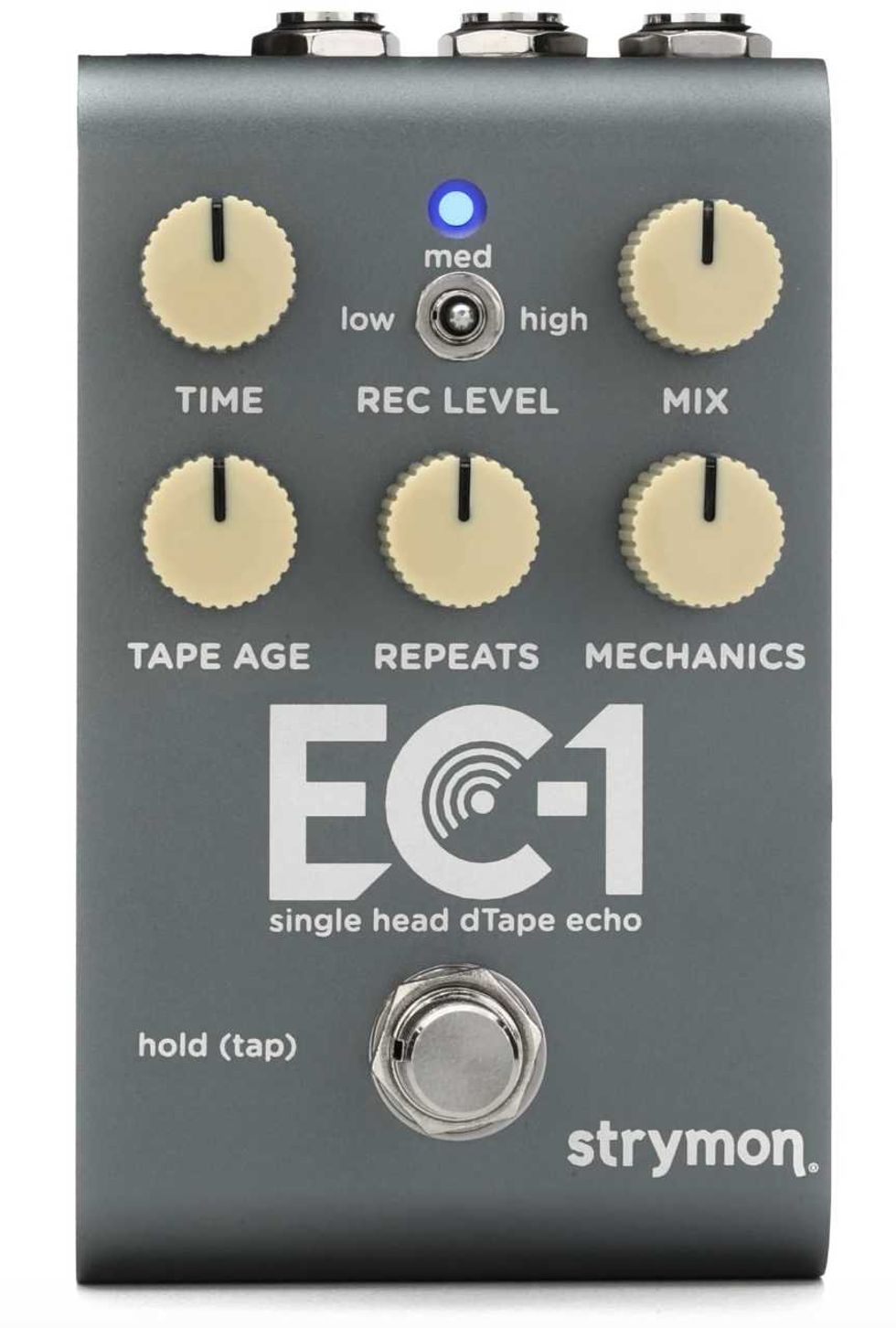 Strymon EC-1 echo pedal with knobs for time, level, mix, and tape age, featuring blue LED.