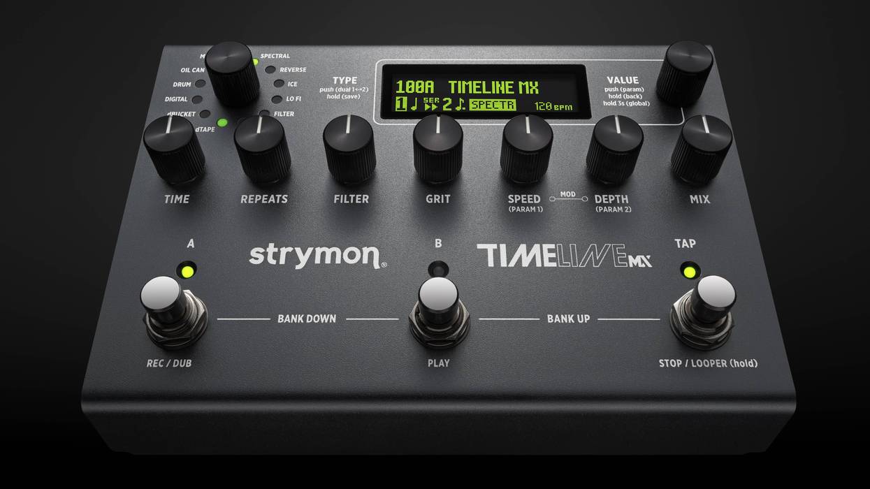 Strymon Timeline MX effects pedal with various knobs and switches on a sleek black surface.