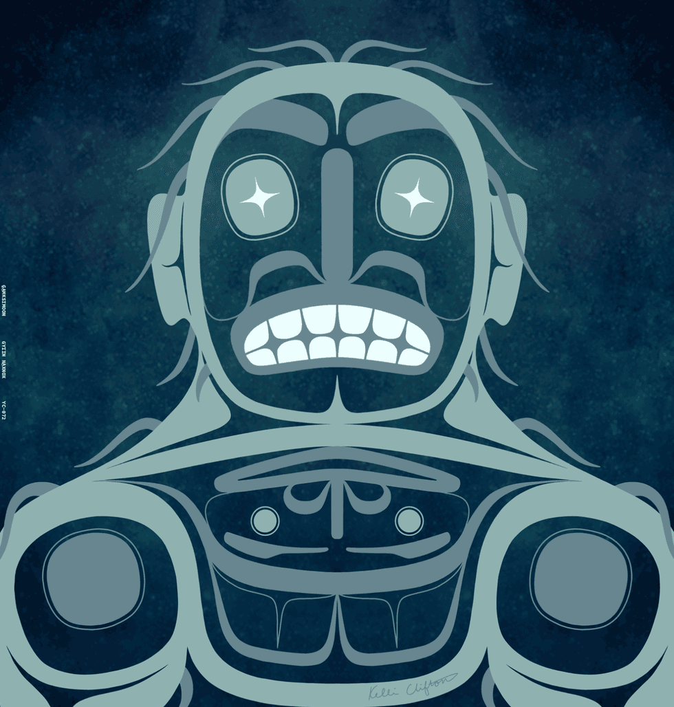 Stylized depiction of a grinning figure with wide eyes and intricate patterns.