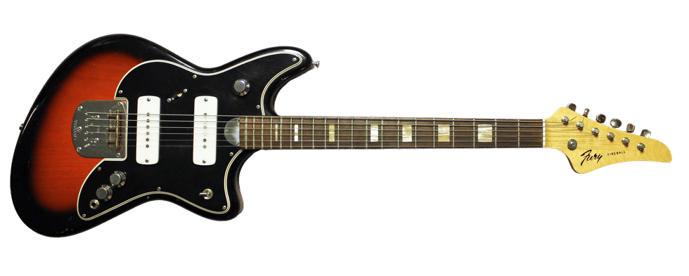 Sunburst electric guitar with a distinctive body shape and a black pickguard.