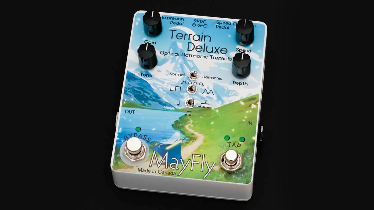 Terrain Deluxe optical harmonic tremolo pedal with knobs and scenic artwork design.