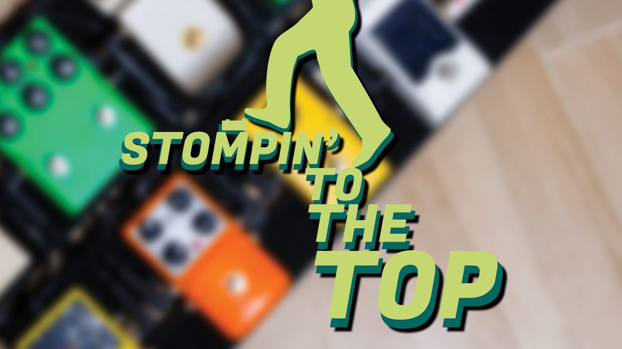 Text overlay "Stompin' to the Top" on a blurred background of colorful guitar pedals.