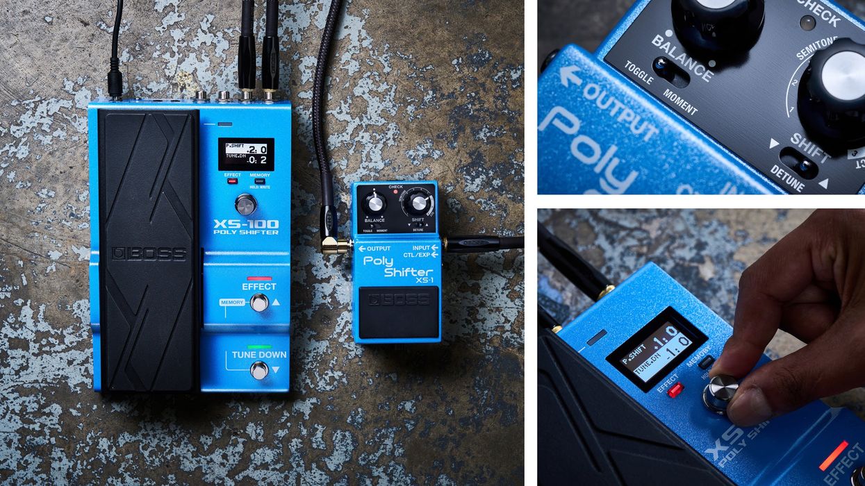 Two blue BOSS guitar effects pedals on a textured surface, featuring knobs and screens for sound adjustment.