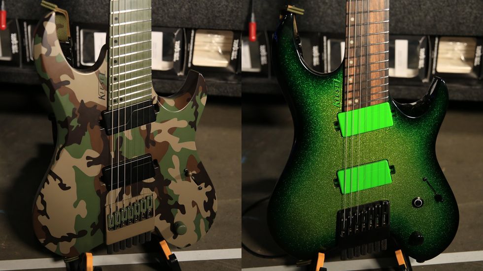 Two electric guitars: one with a camouflage pattern, the other in shiny green with neon accents.