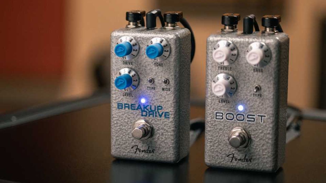 Two guitar effect pedals on a table: "Breakup Drive" and "Boost" by Fender.