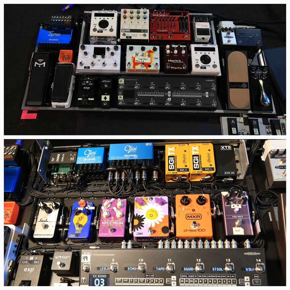 Two guitar pedalboards featuring various effect pedals and controllers arranged neatly.