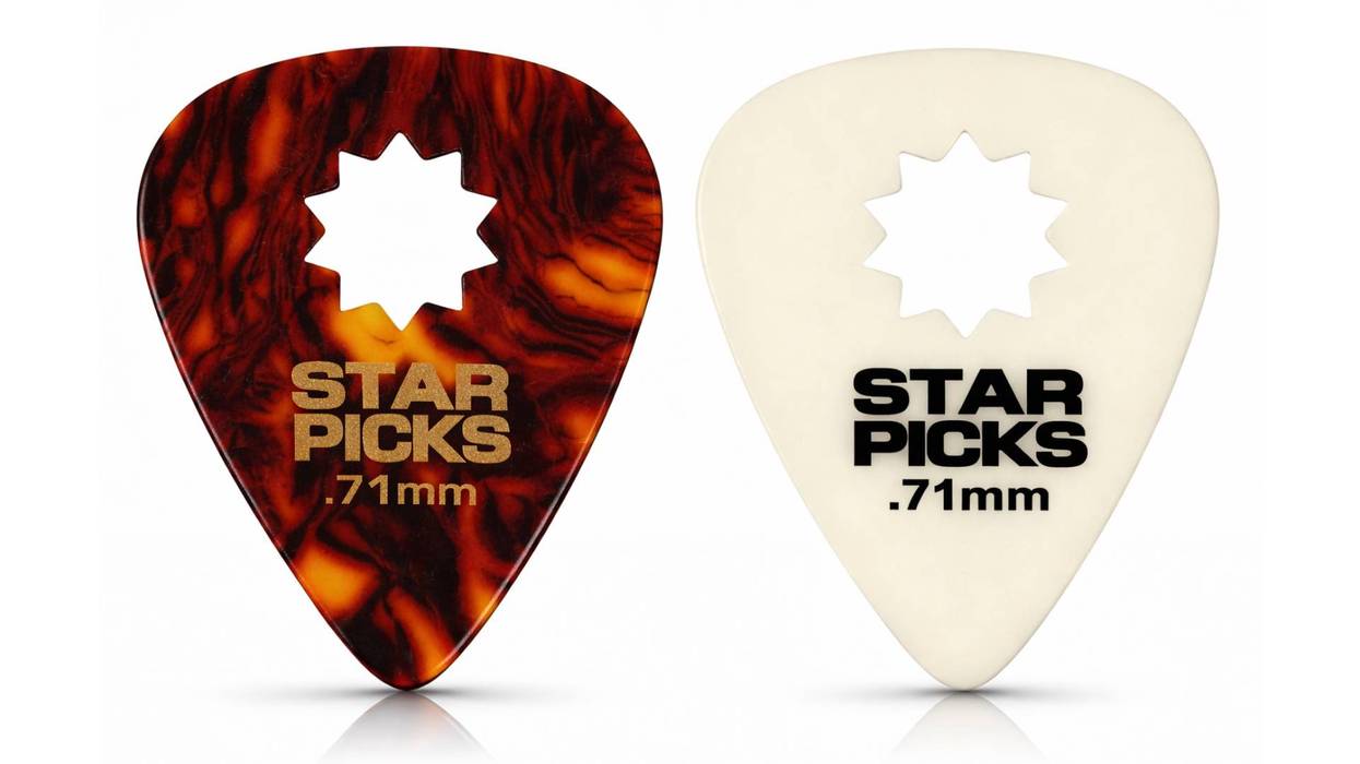 Two guitar picks side by side: one tortoiseshell, one ivory, both labeled "STAR PICKS .71mm."