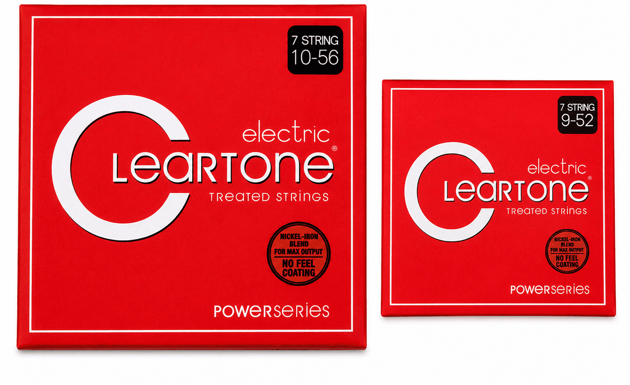 Two red packages of Cleartone electric guitar strings, labeled for 7-string sets.