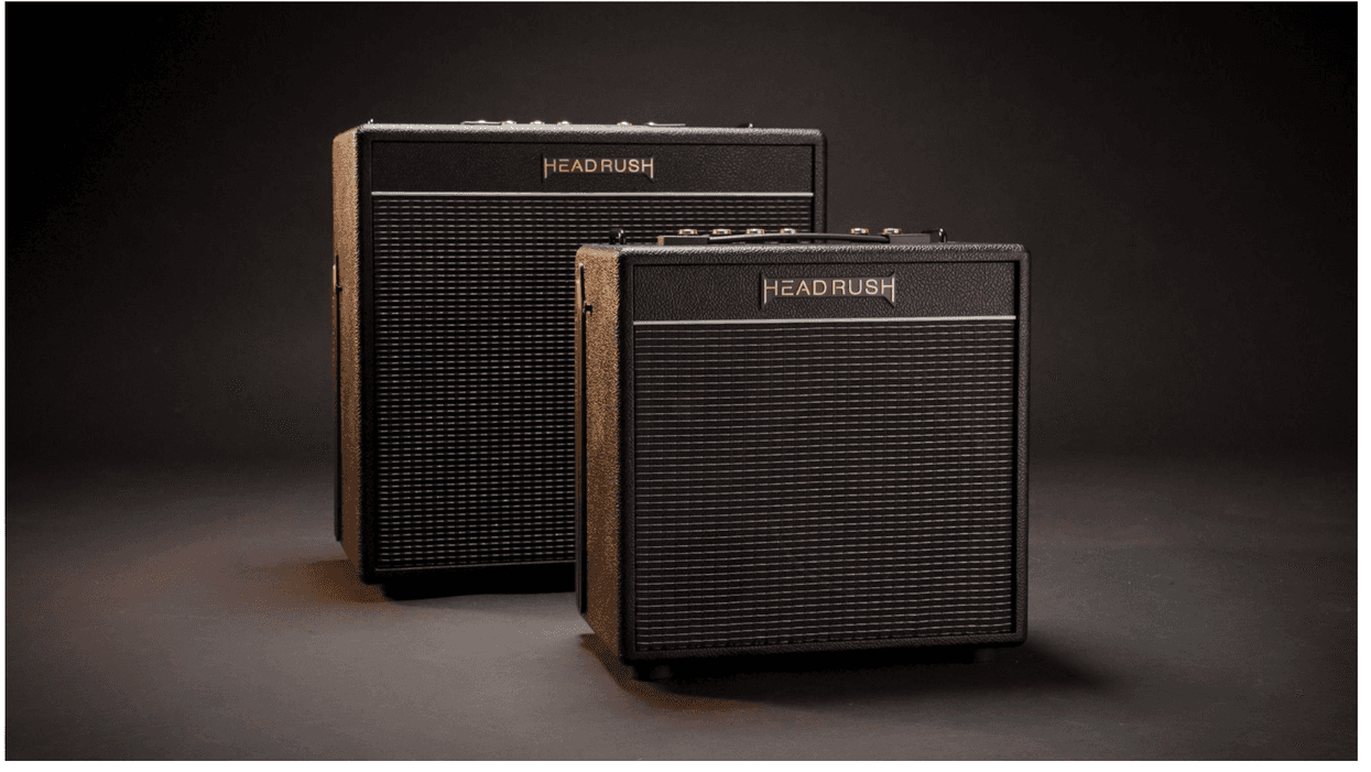 Two stylish black amplifiers with a textured design, labeled "HEADRUSH," on a dark background.