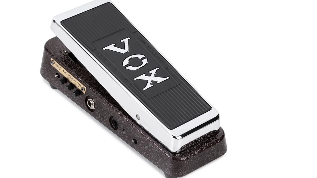 Vox wah pedal with a sleek design and chrome accents on a textured body.