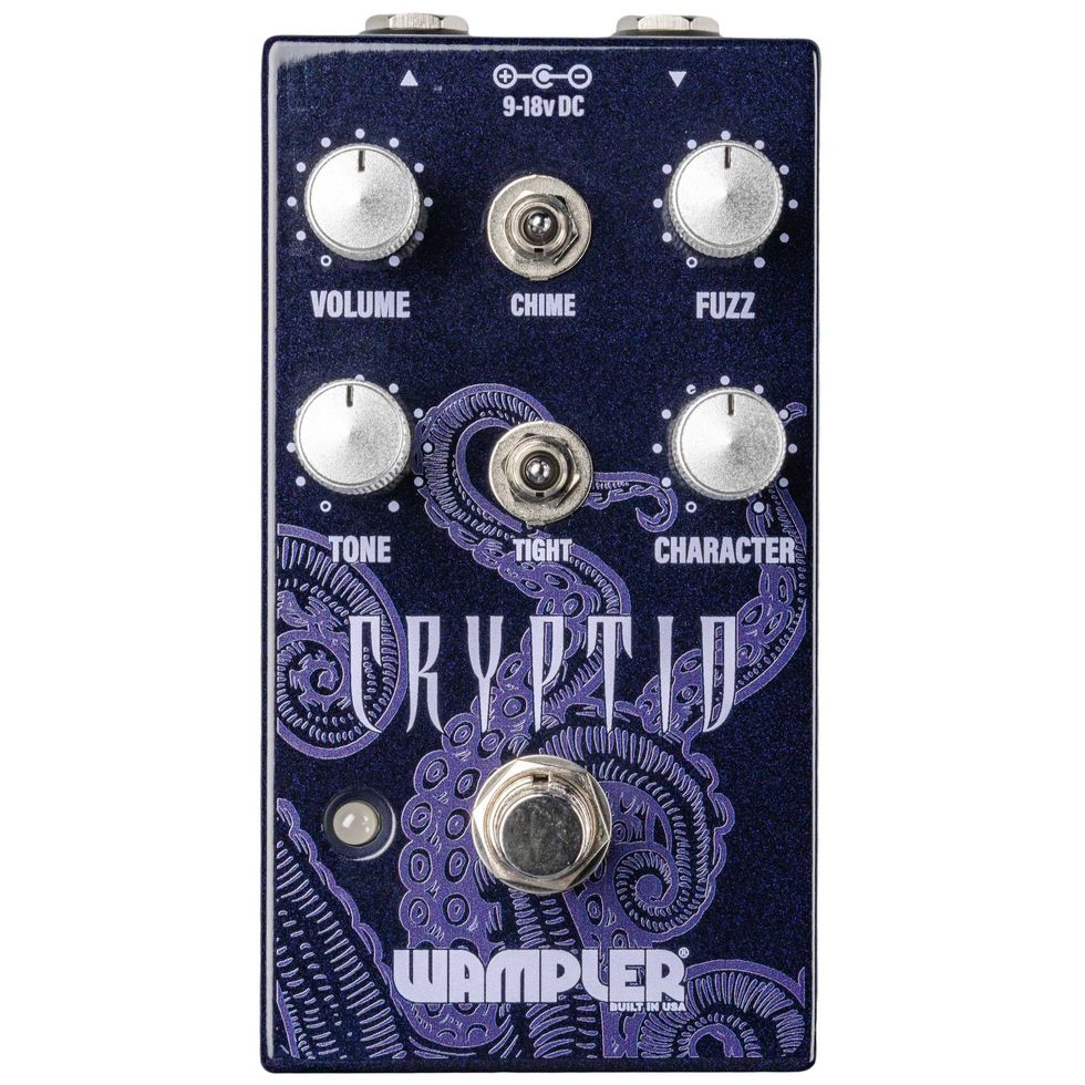 Wampler Cryptid fuzz pedal with adjustable knobs for volume, tone, and effects.