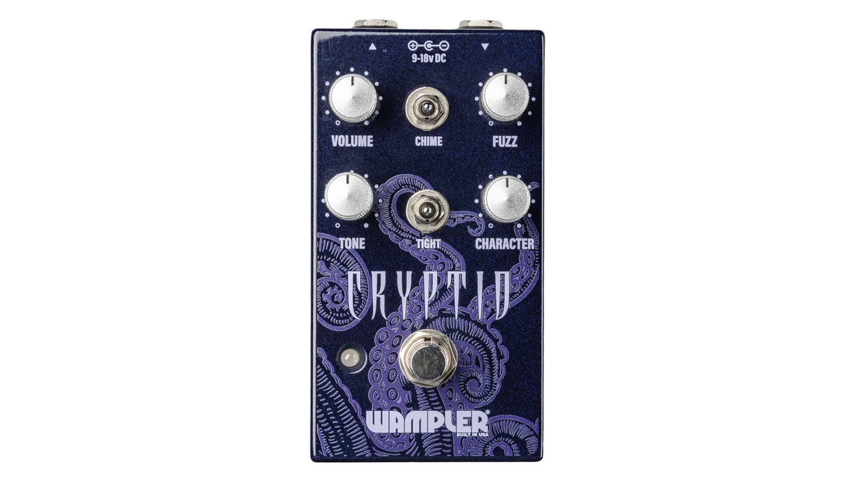 Wampler Cryptid guitar pedal with knobs for volume, chime, tone, fuzz, tightness, and character.