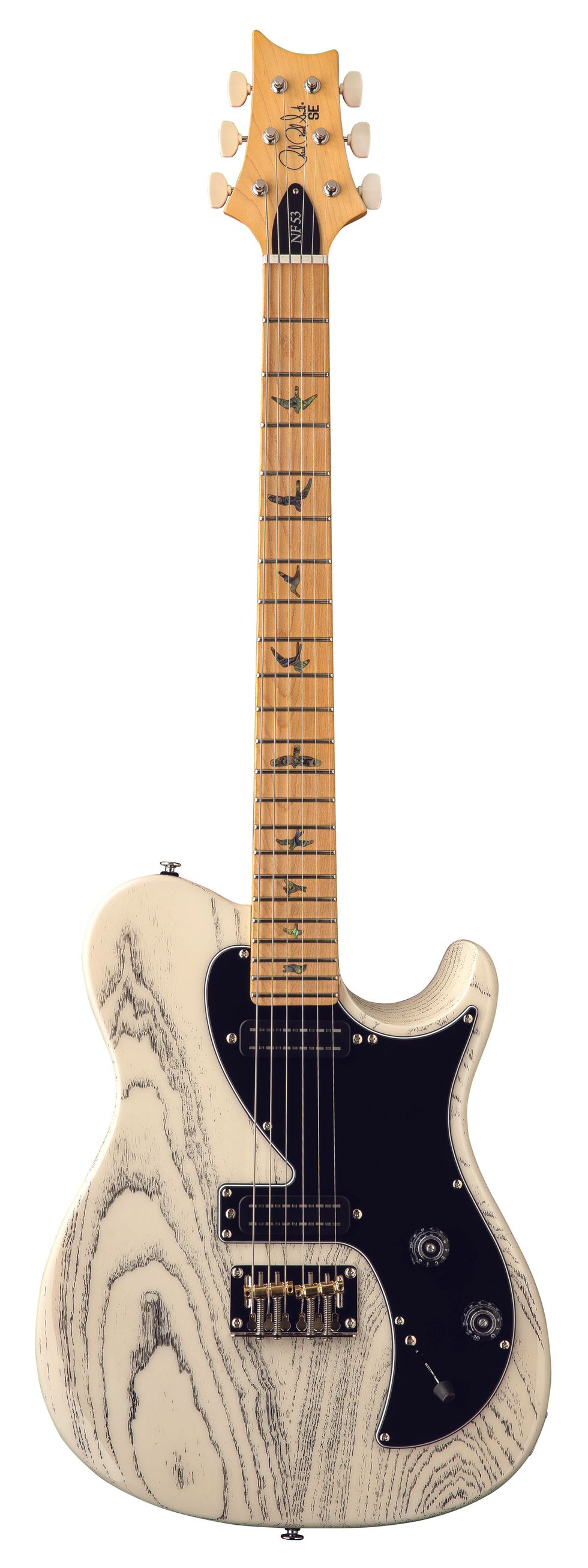 White electric guitar with a distinctive wood grain finish and black pickguard.