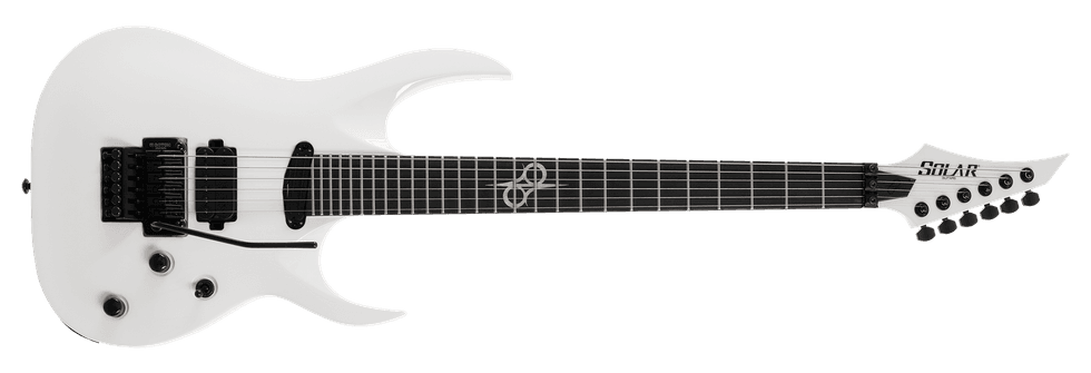 White electric guitar with a sleek design and black hardware, featuring a distinctive headstock.