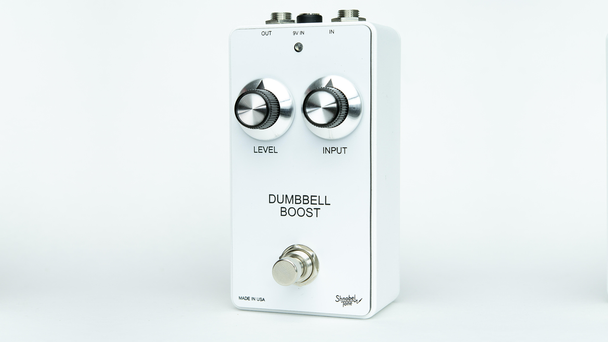 White guitar pedal labeled "Dumbbell Boost" with knobs for Level and Input.