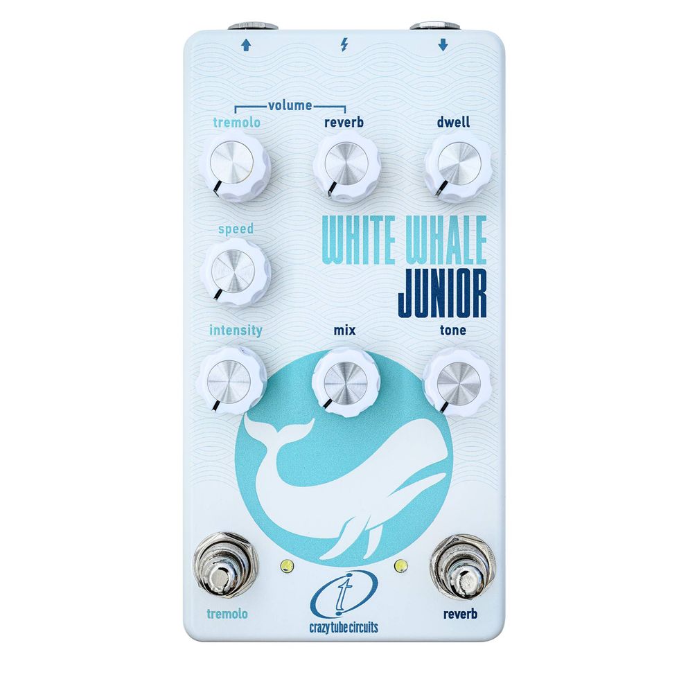 White Whale Junior guitar pedal with knobs for volume, reverb, tremolo, and tone settings.