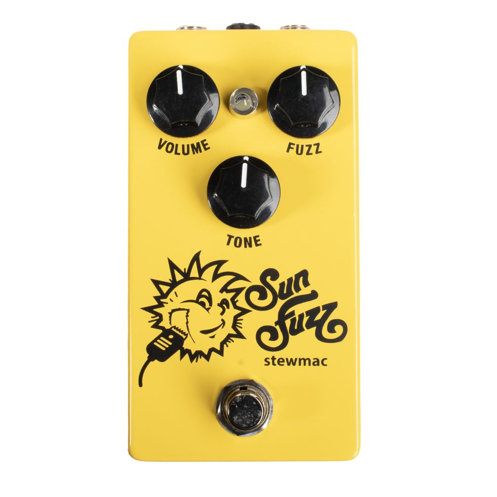 Yellow guitar effects pedal labeled "Sun Fuzz" with three adjustment knobs for volume, fuzz, and tone.